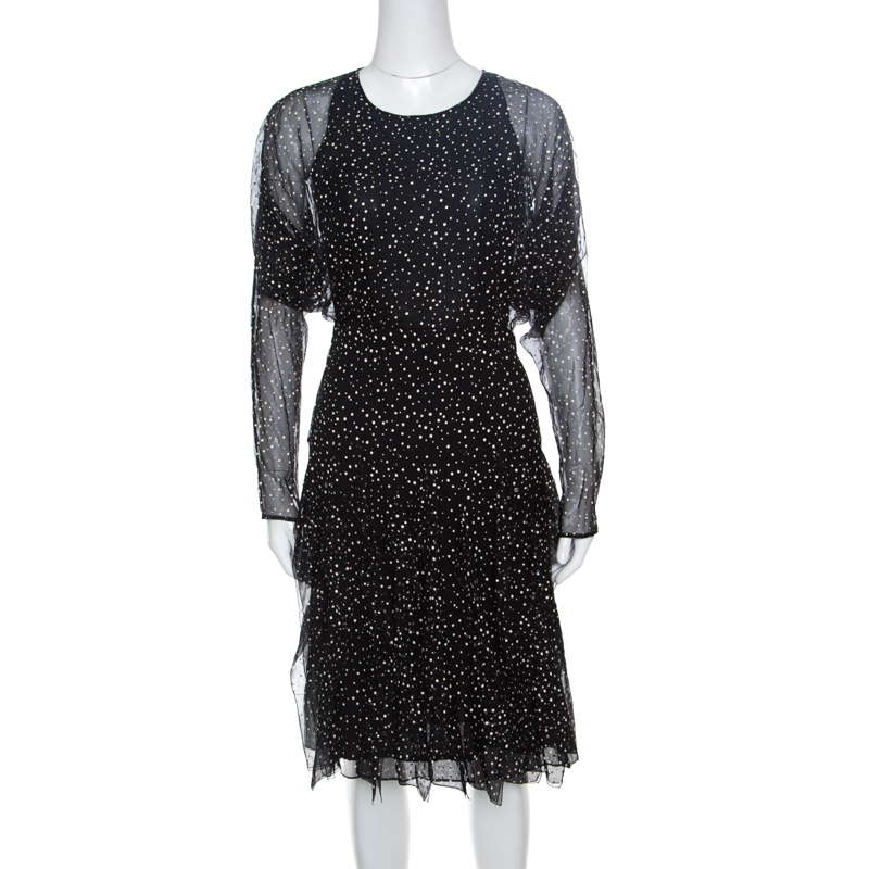 Pre-owned Gucci Black Snow Printed Silk Chiffon Strip Detail Long Sleeve Dress S