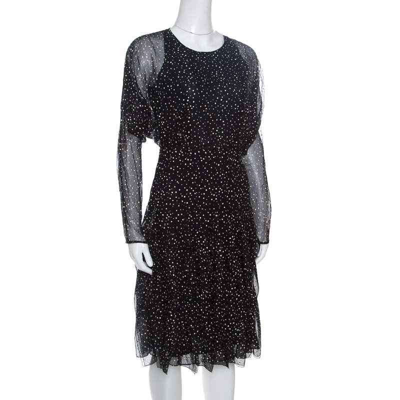 

Gucci Black Snow Printed Silk Chiffon Strip Detail Long Sleeve Dress