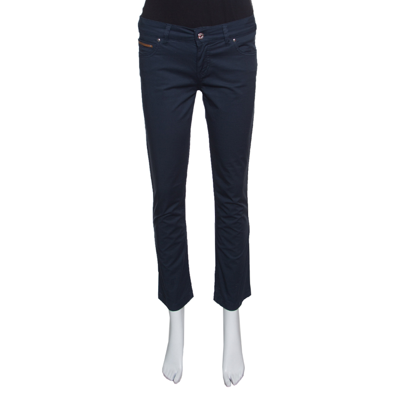 Pre Owned Gucci Blue Stretch Cotton Logo Embroidered Pocket Detail Straight Pants S