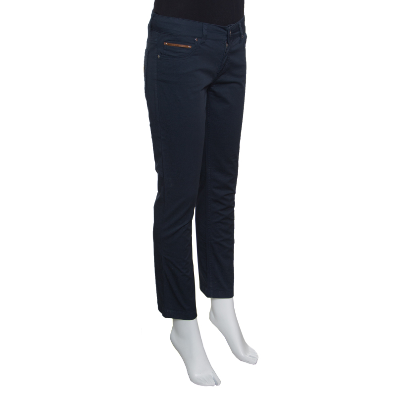 

Gucci Blue Stretch Cotton Logo Embroidered Pocket Detail Straight Pants