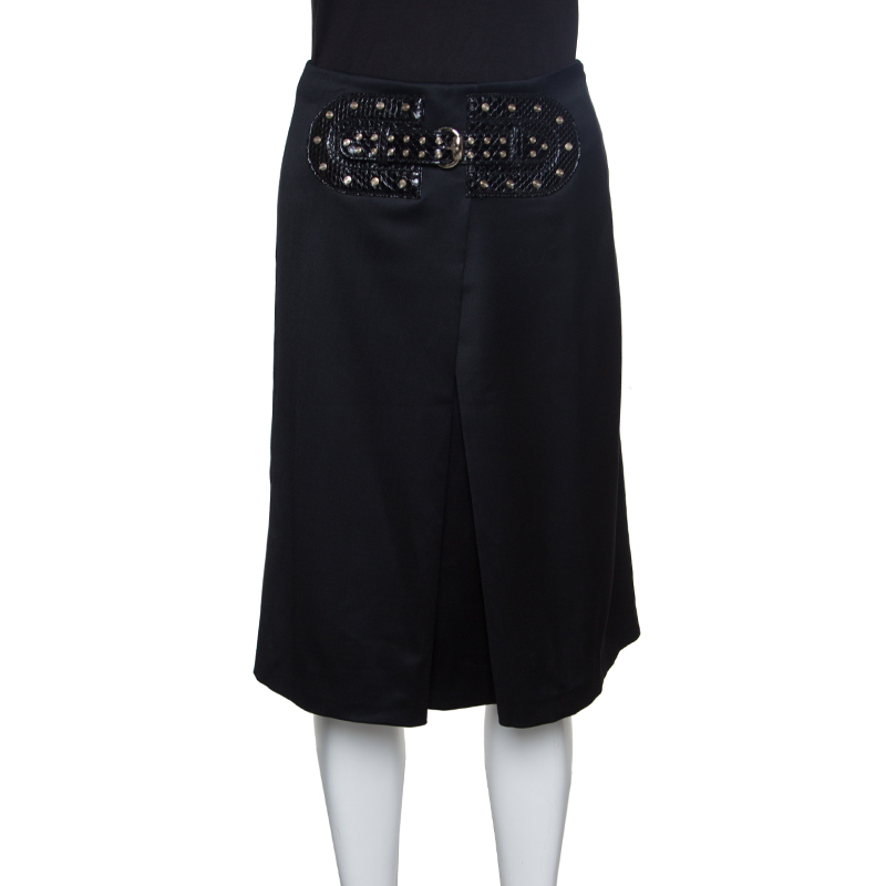 Pre Owned Gucci Black Wool Faux Belt Detail Inverted Pleat Front Skirt S