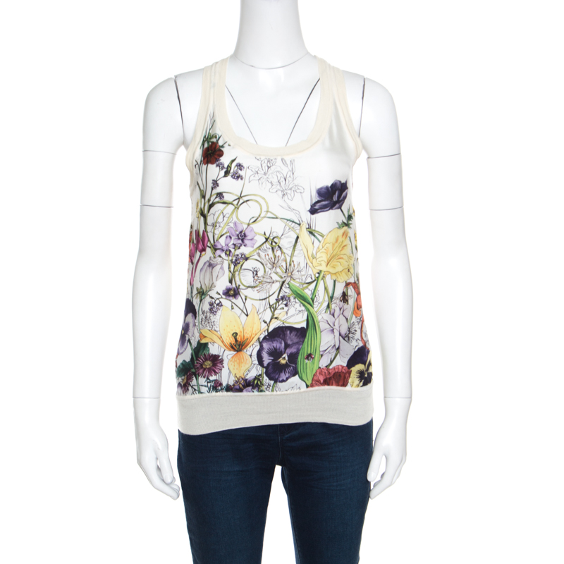 Gucci Beige Floral Printed Silk Rib Trim Sleeveless Top XS