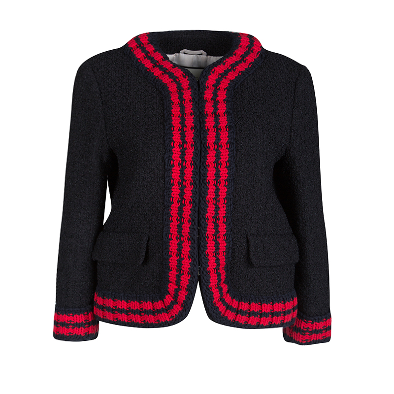 Pre Owned Gucci Black Textured Knit Contrast Trim Jacket M