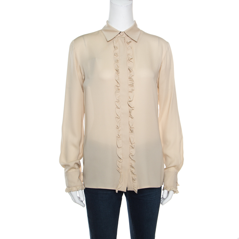 Pre Owned Gucci Beige Silk Ruffle Placket and Cuff Detail Long Sleeve Blouse S
