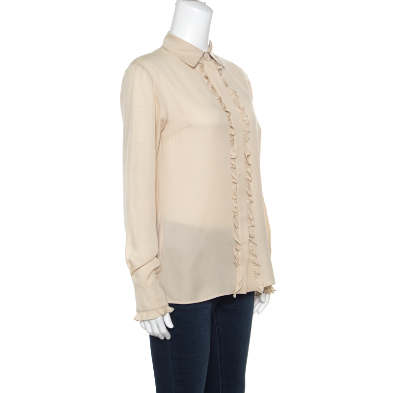 

Gucci Beige Silk Ruffle Placket and Cuff Detail Long Sleeve Blouse