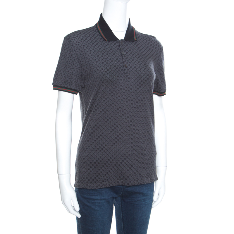 

Gucci Grey Cotton Jacquard Striped Web Trim Polo T-Shirt