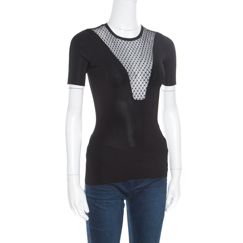 

Gucci Black Mesh Insert Ribbed Knit Short Sleeve Top