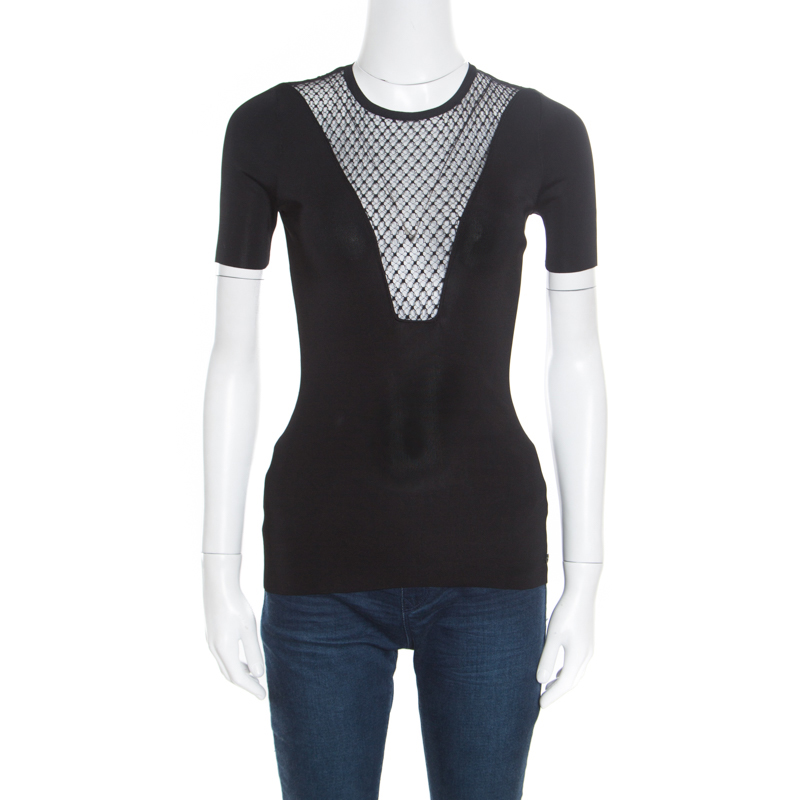 Pre Owned توب غوتشي تريكو بشبكة سوداء أكمام قصيرة XS