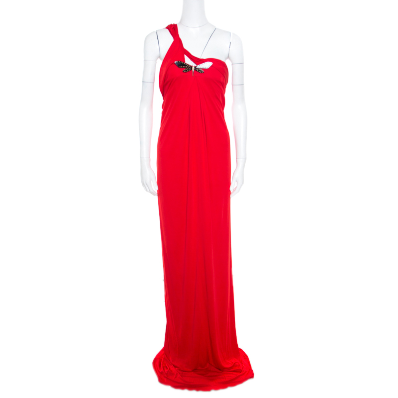 Gucci Red Crepe Knit Dragonfly Brooch Detail Draped One Shoulder Evening Gown L