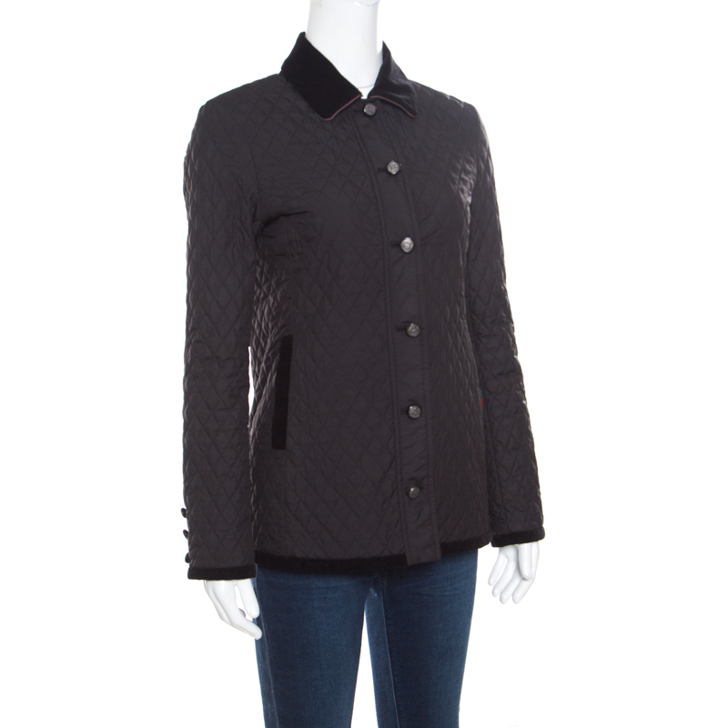 

Gucci Equestrian Black Velvet Trim Detail Quilted Jacket