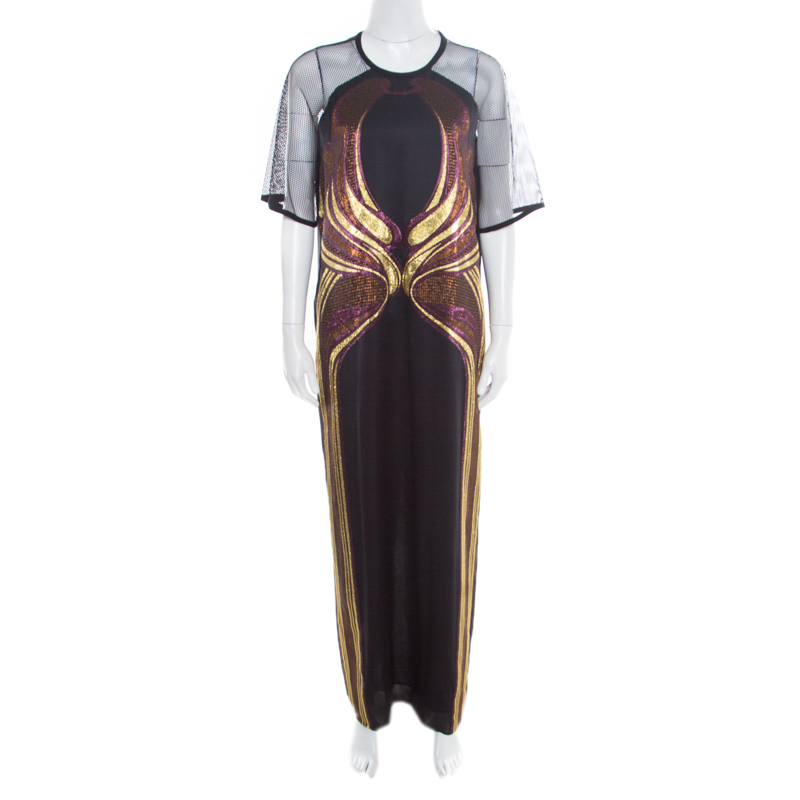 Gucci Black Metallic Silk Jacquard Mesh Sleeve Detail Maxi Dress L