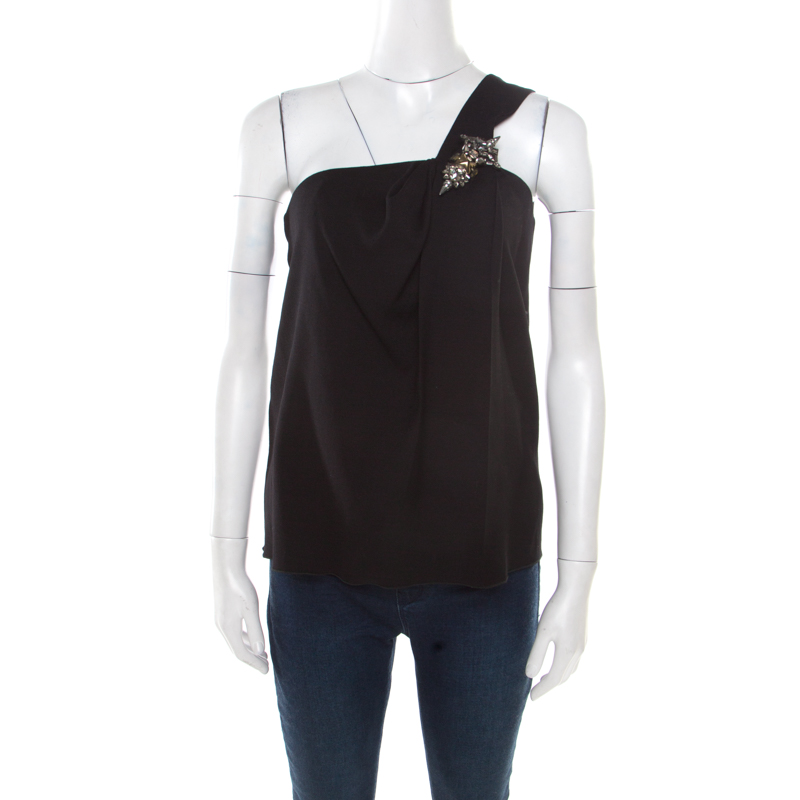 Gucci Black Wool Crepe Embellished Brooch Detail One Shoulder Top S