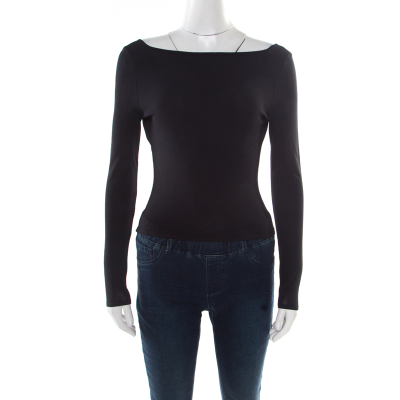 مملوكة مسبقًا توب غوتشي تريكو أسود سترتش إبزيم جلد أكمام طويلة مجسم S