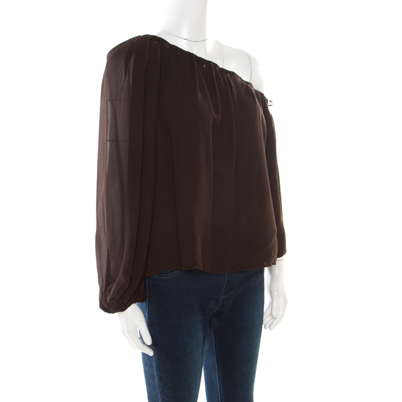 

Gucci Brown Silk One Shoulder Eyelet Detail Top