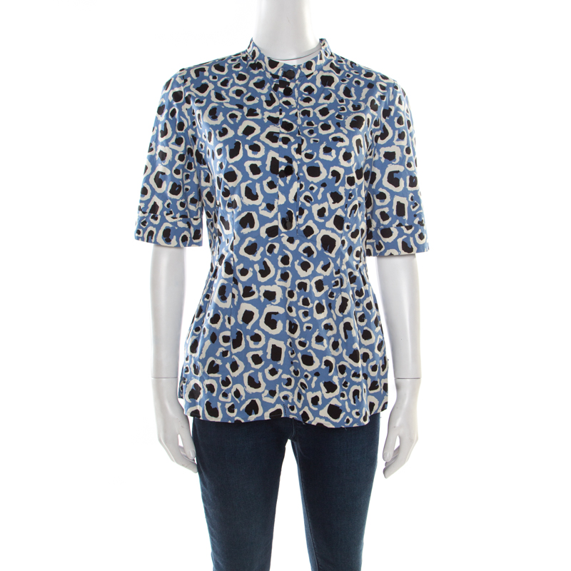 Gucci Blue Leopard Print Cotton Short Sleeve Blouse M