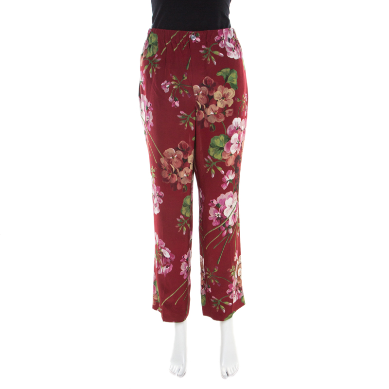Gucci Maroon Cerise Blooms Printed Silk Crepe de Chine Pajama Pants L ...