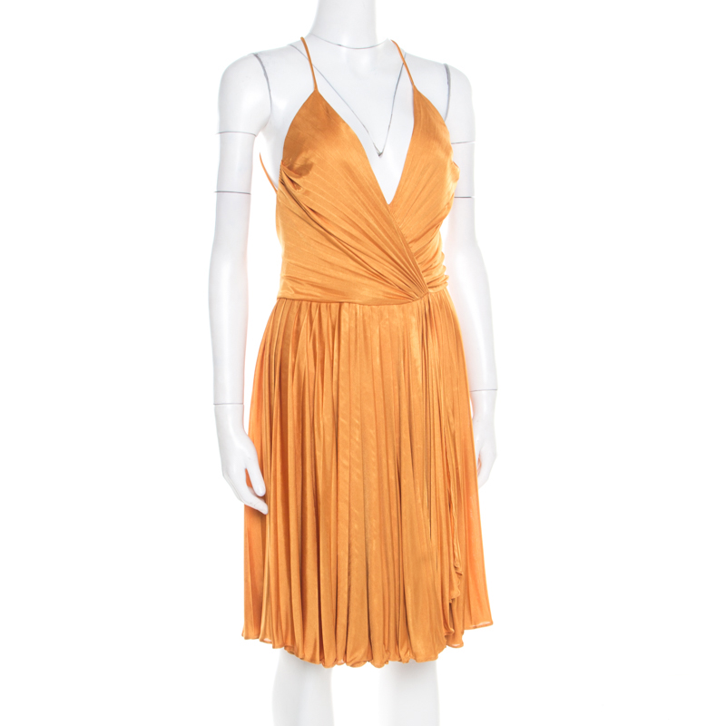 

Gucci Mustard Yellow Plunge Neck Cutout Back Plisse Dress