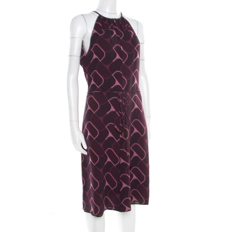 

Gucci Purple Printed Silk Crepe Belted Sleeveless Dress