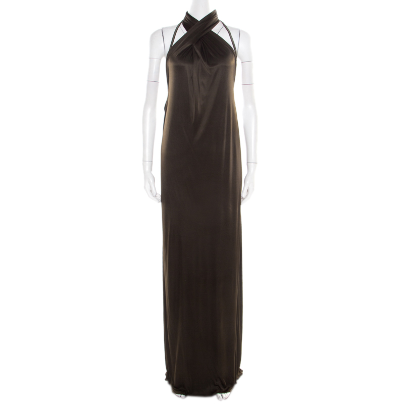 Gucci Olive Green Embellished Halter Backless Gown M