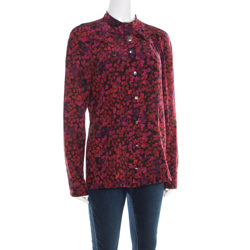 

Gucci Red and Purple Floral Printed Silk Neck Bow Detail Long Sleeve Blouse, Multicolor