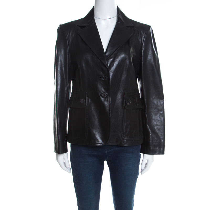 Pre Owned Gucci Black Leather Tailored Two Button Blazer L