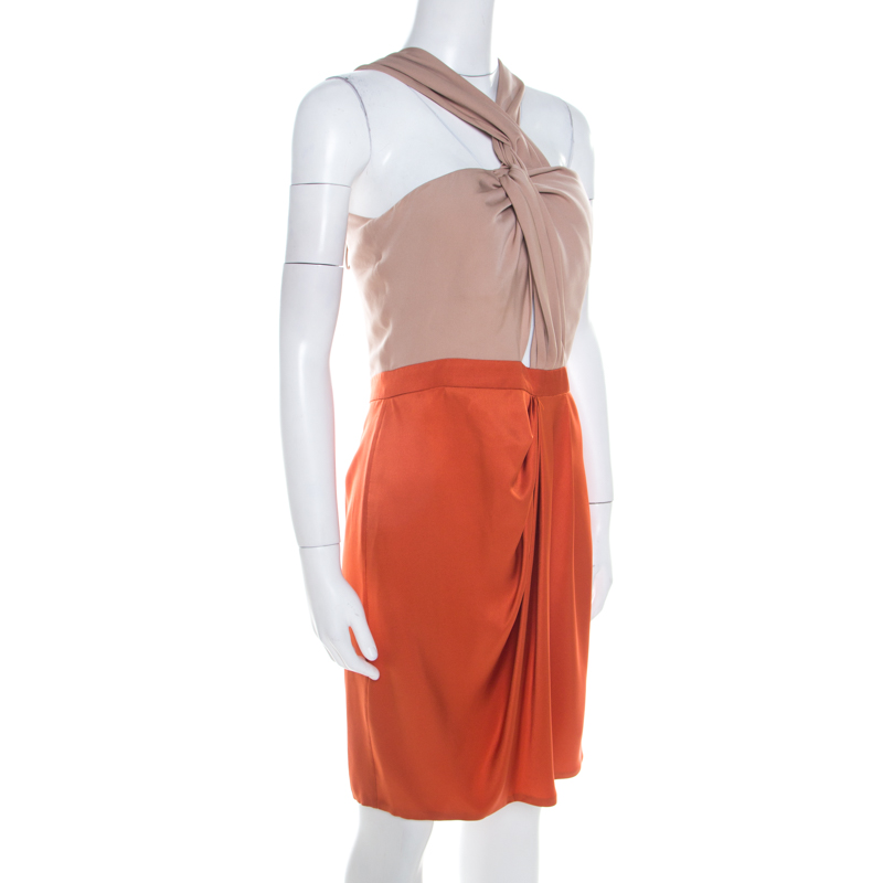 

Gucci Orange and Beige Colorblock Silk Tassel Tie Detail Dress
