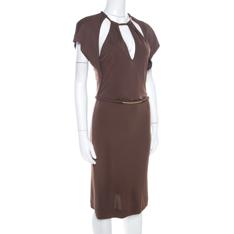 

Gucci Walnut Brown Crepe Knit Cut Out Choker Neck Sheath Dress