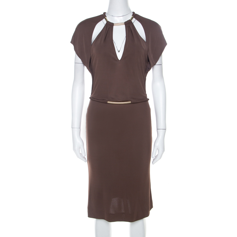 Gucci Walnut Brown Crepe Knit Cut Out Choker Neck Sheath Dress M