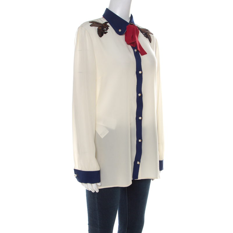 

Gucci Cream Crepe Silk Bee Applique Detail Button Down Bow Tie Shirt
