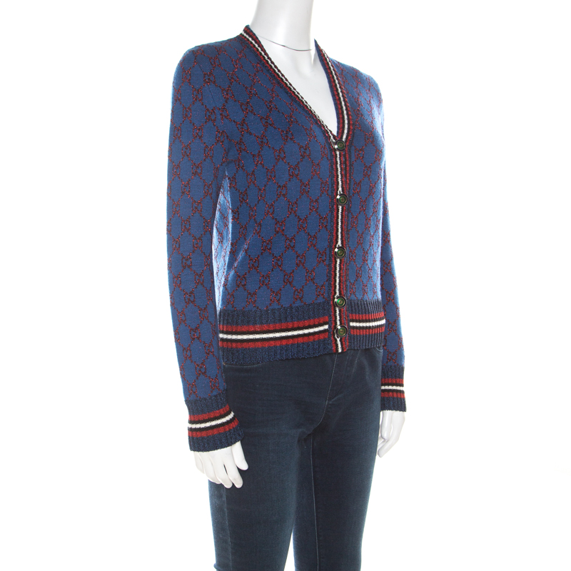 

Gucci Blue Wool Metallic Logo Embroidered Cardigan