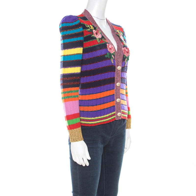 

Gucci Multicolor Rainbow Striped Wool Blend Floral Applique Pearl Button Cardigan