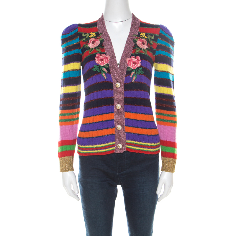 Gucci Multicolor Rainbow Striped Wool Blend Floral Applique Pearl Button Cardigan XS