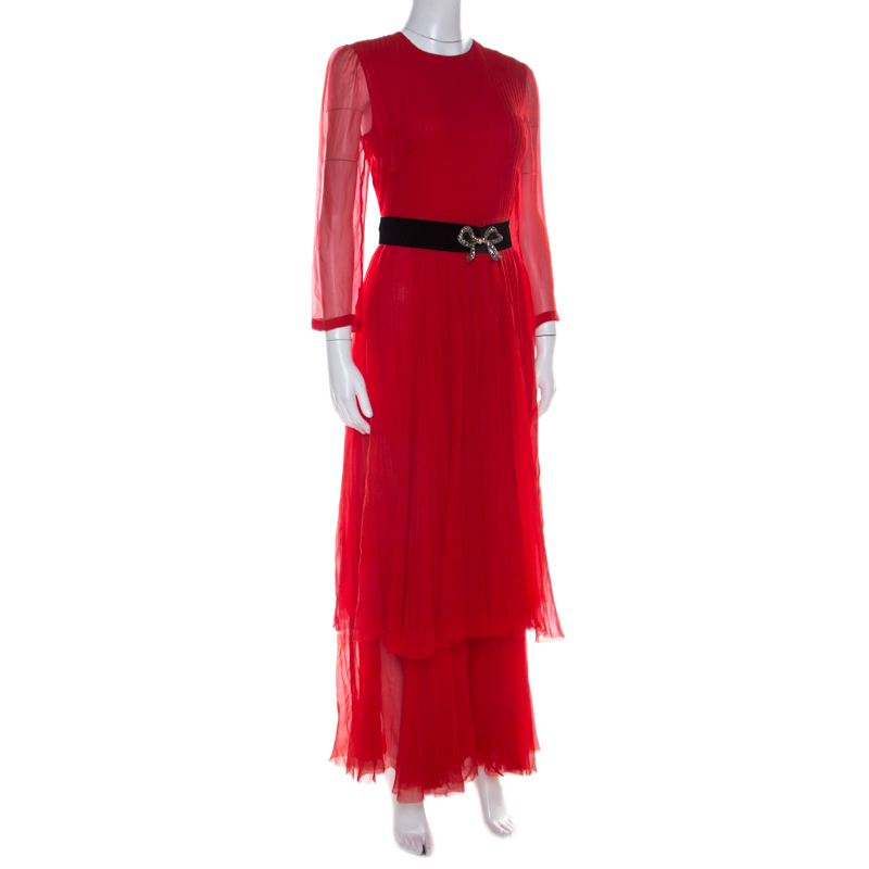 

Gucci Red Silk Chiffon Embellished Belt Detail Long Sleeve Cocktail Dress