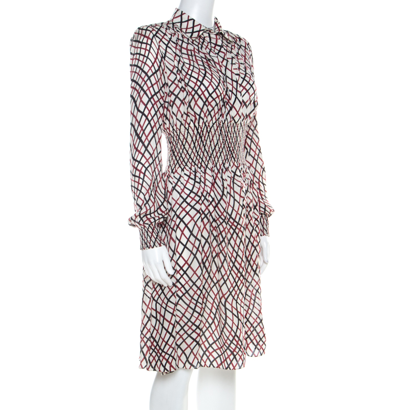 

Gucci Multicolor Plaid Print Silk Smocked Waist Long Sleeve Dress