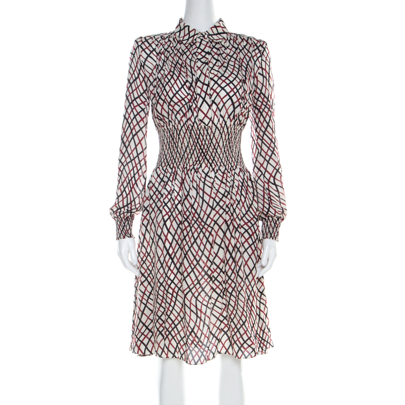 Pre Owned Gucci Multicolor Plaid Print Silk Smocked Waist Long Sleeve Dress S