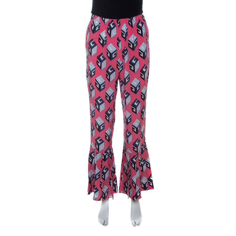 Gucci Pink Cube Print Silk Pleated Flare Hem Trousers S
