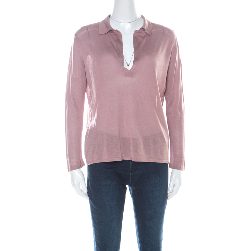 Gucci Lilac Purple Silk Knit Collared Long Sleeve Top L 