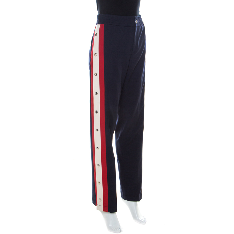 

Gucci Navy Blue Wool & Silk Blend Striped Side Seam Snap Button Detail Sweatpants