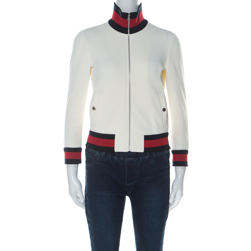 Pre Owned Gucci Off White Jersey Knit Web Trim Track Jacket XS