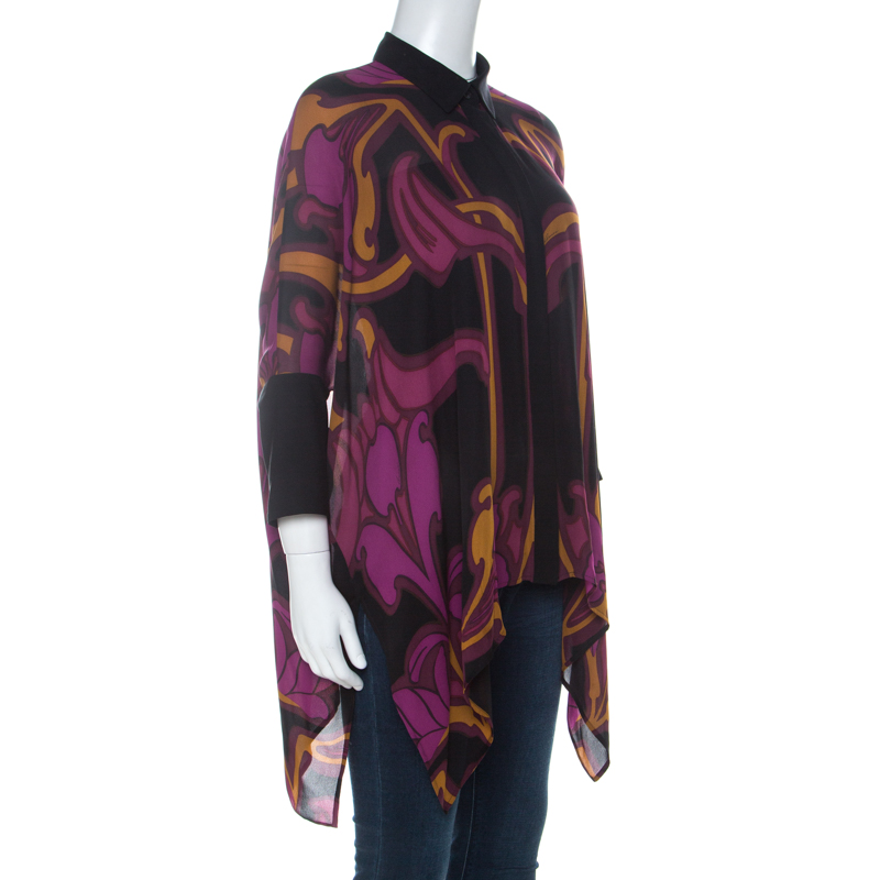 

Gucci Purple Art Nouveau Print Silk Cape Shirt