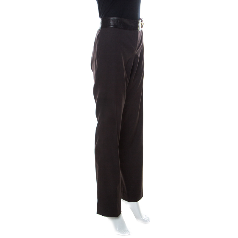 

Gucci Brown Stretch Wool Leather Trim Trousers