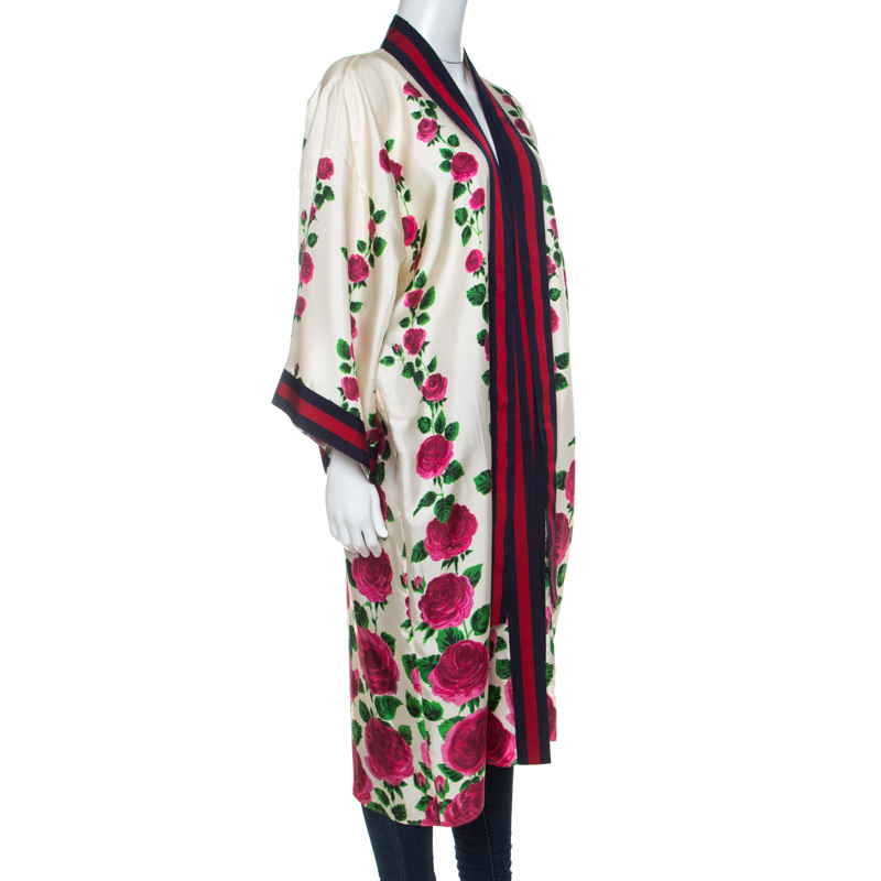 

Gucci Cream & Pink Rose Garden Print Silk Belted Kimono