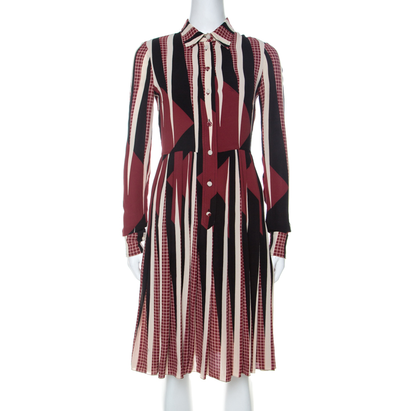 Pre Owned Gucci Multicolor Geometric Print Silk Crepe de Chine Shirt Dress S