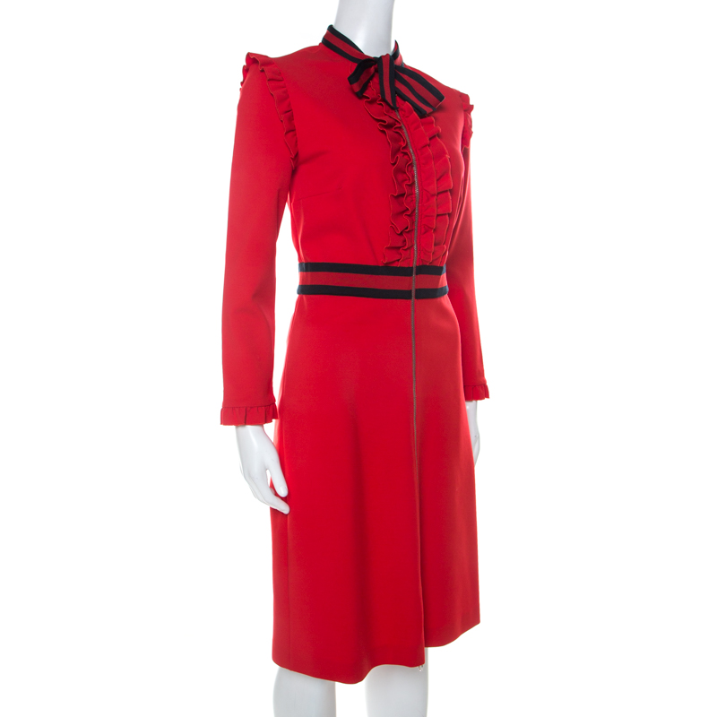 

Gucci Red Viscose Jersey Ruffle Trim Neck Bow Detail Dress