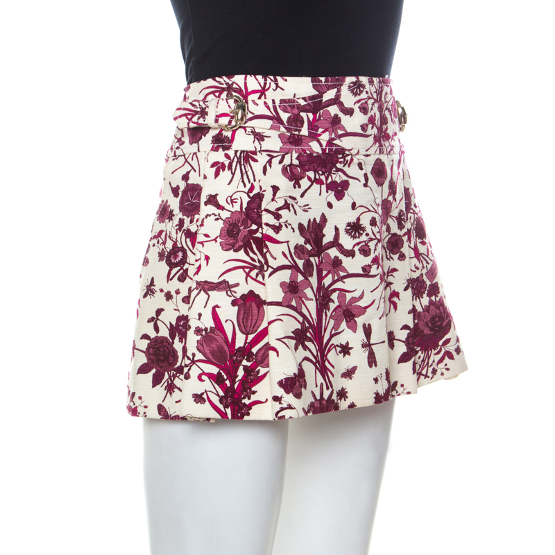 

Gucci Beige and Purple Floral Print Cotton Pleated Mini Skirt