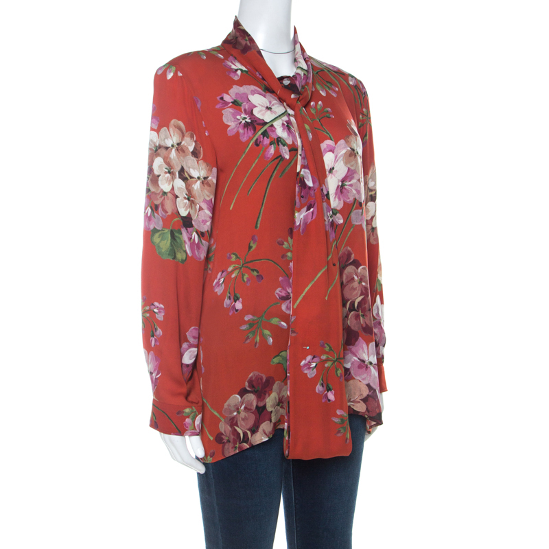 

Gucci Red Geranium Print Silk Tie Neck Detail Button Front Shirt