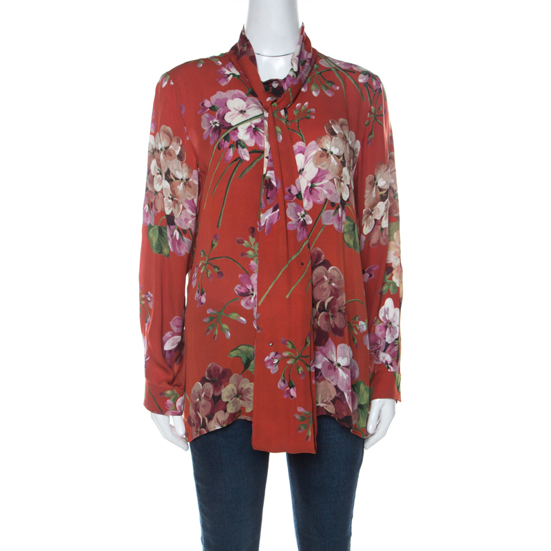 Gucci Red Geranium Print Silk Tie Neck Detail Button Front Shirt M ...
