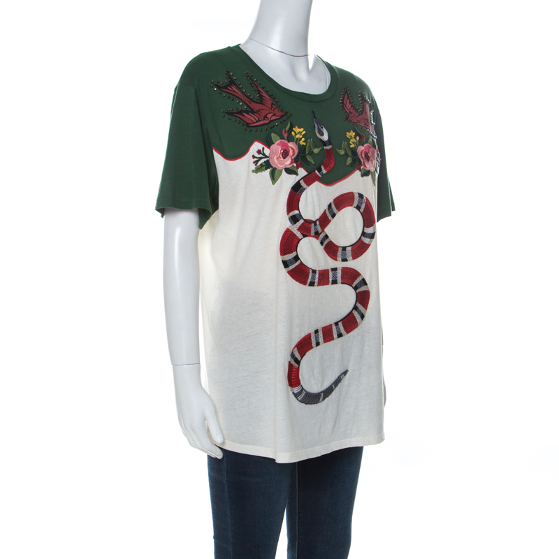 

Gucci Off White and Green Cotton Snake Stud Detail Embroidered T-Shirt