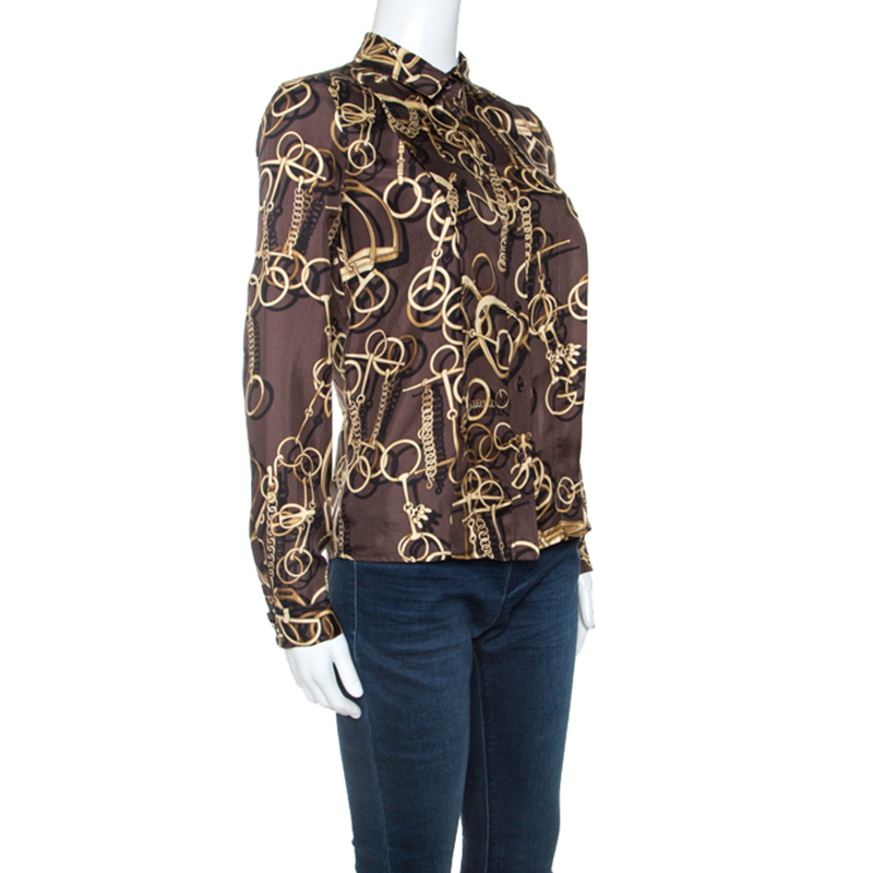 

Gucci Brown Silk Twill Horsebit Print Button Front Blouse