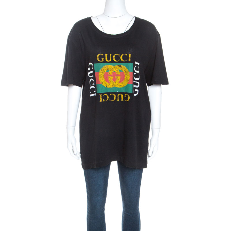 Pre-owned Gucci Black Washed Out Logo Cotton Oversized T-shirt M